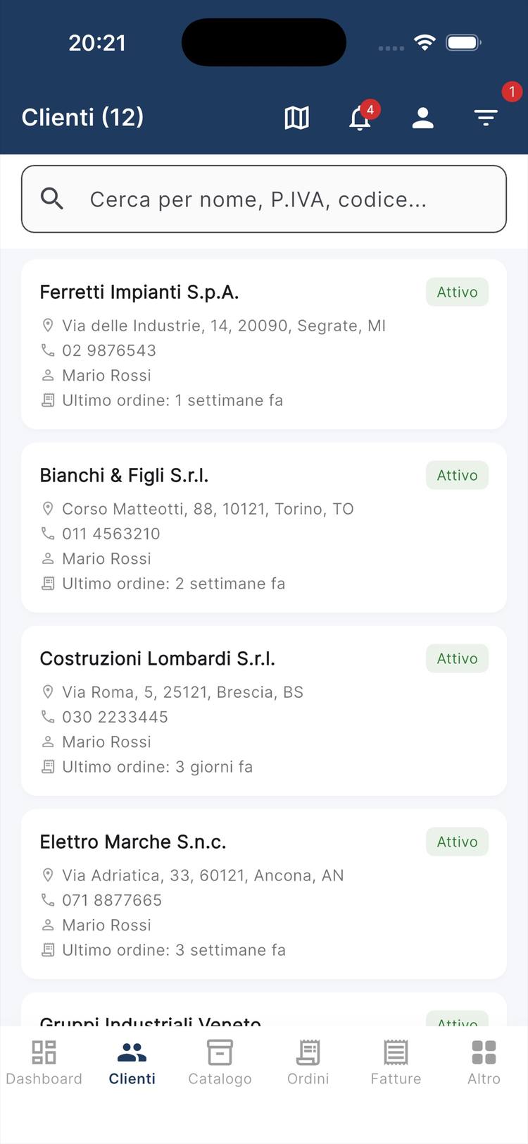 Panthera ERP Cockpit — Gestione clienti su smartphone Android