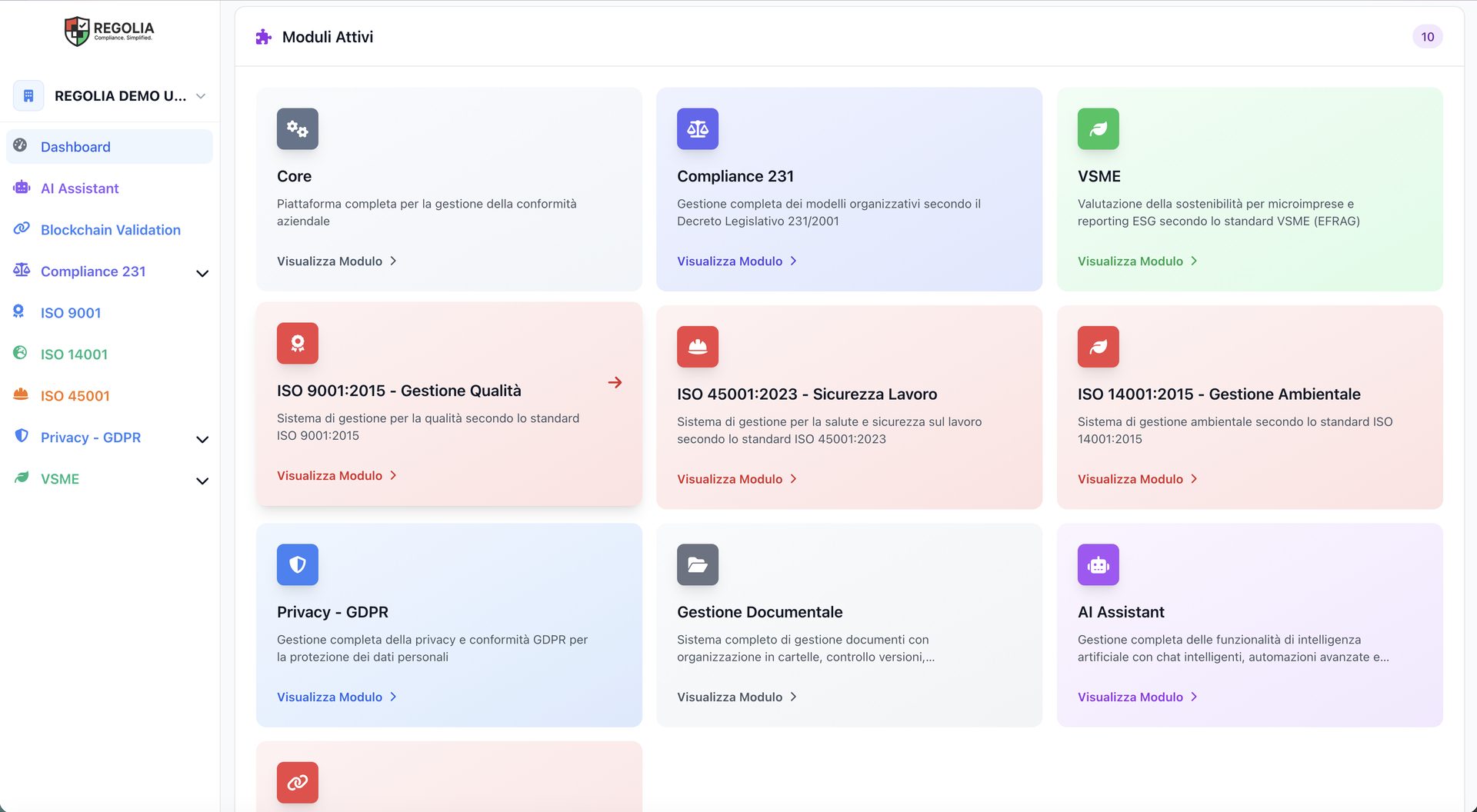 REGOLIA — Dashboard Compliance Aziendale: D.Lgs.231, GDPR, ISO, ESG